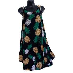 Isla Bonita Pineapple Print Sleeveless Swing Dress Black Tropical One Size NEW